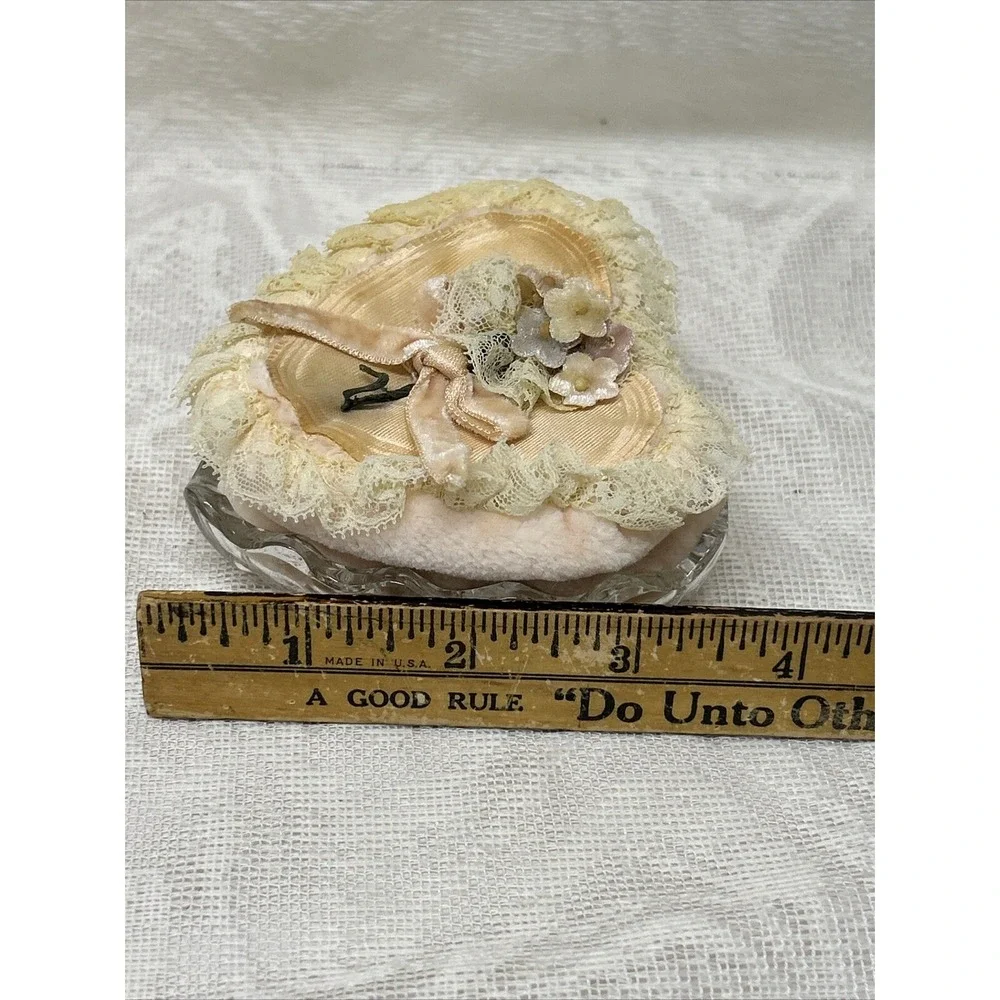 Lead CRYSTAL Heart Shaped Dish With Powder Puffs Trinkets Tray Cosmetics Zajecar